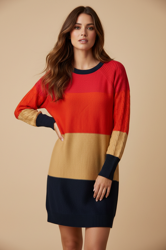 Lauren Sweater Dress - Pink Orange Tan Blue Block