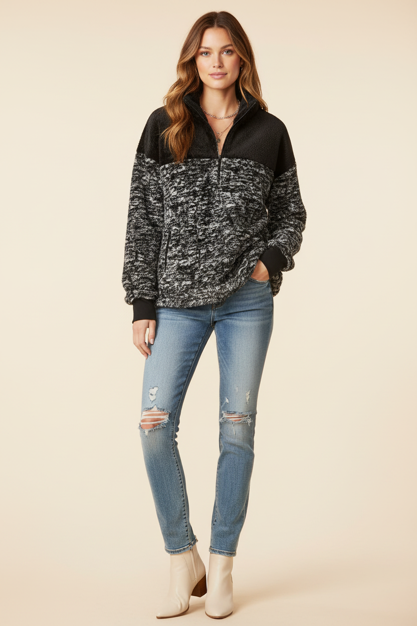 Nancy Half Zip Pullover - Black White Gravel Texture