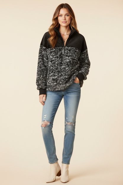 Nancy Half Zip Pullover - Black White Gravel Texture