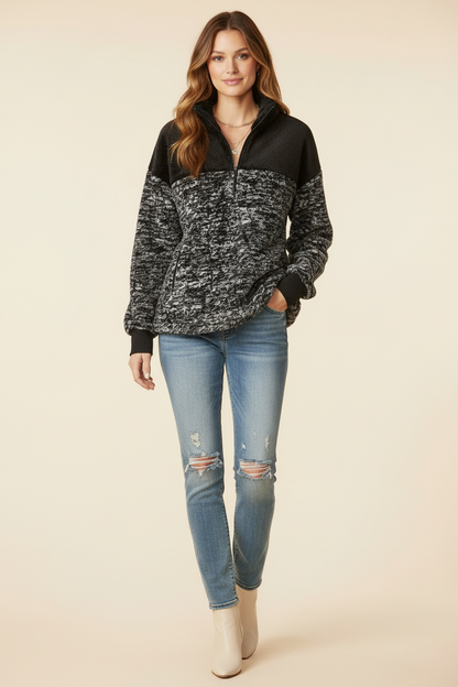 Nancy Half Zip Pullover - Black White Gravel Texture