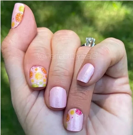 Main squeeze. Shimmery fruit slices. Nail strips. Color street 