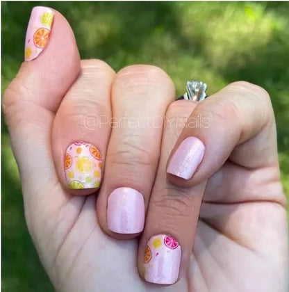 Main squeeze. Shimmery fruit slices. Nail strips. Color street 