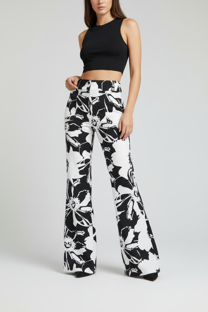 Emery Wide Leg Pants - Black White Abstract Floral