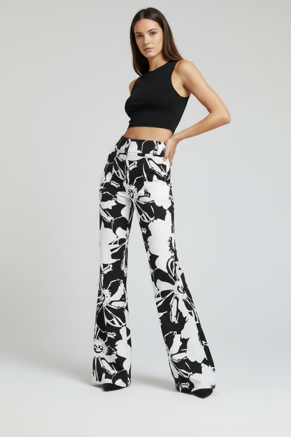 Emery Wide Leg Pants - Black White Abstract Floral