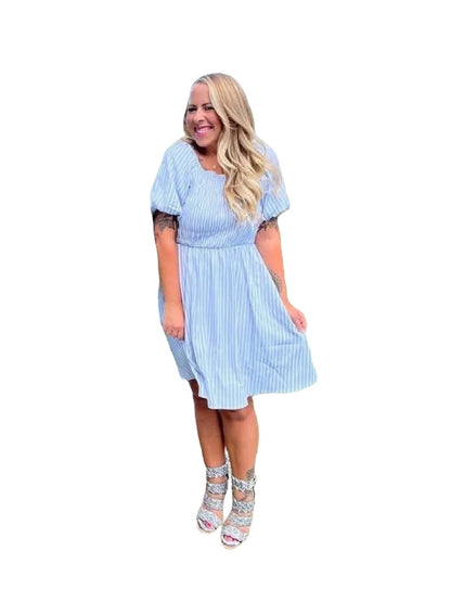 Alina Nap Dress - Blue White Vertical Stripe