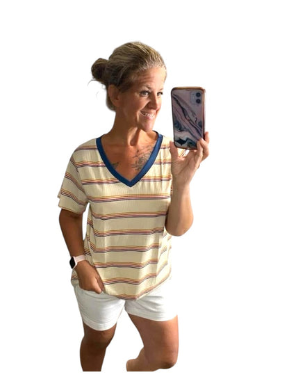 Christy T - Ivory Yellow Teal Retro Stripe