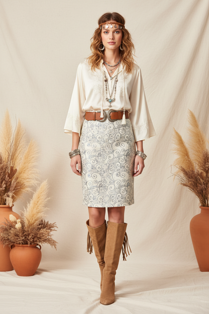 Cassie Pencil Skirt - White Iridescent Paisley
