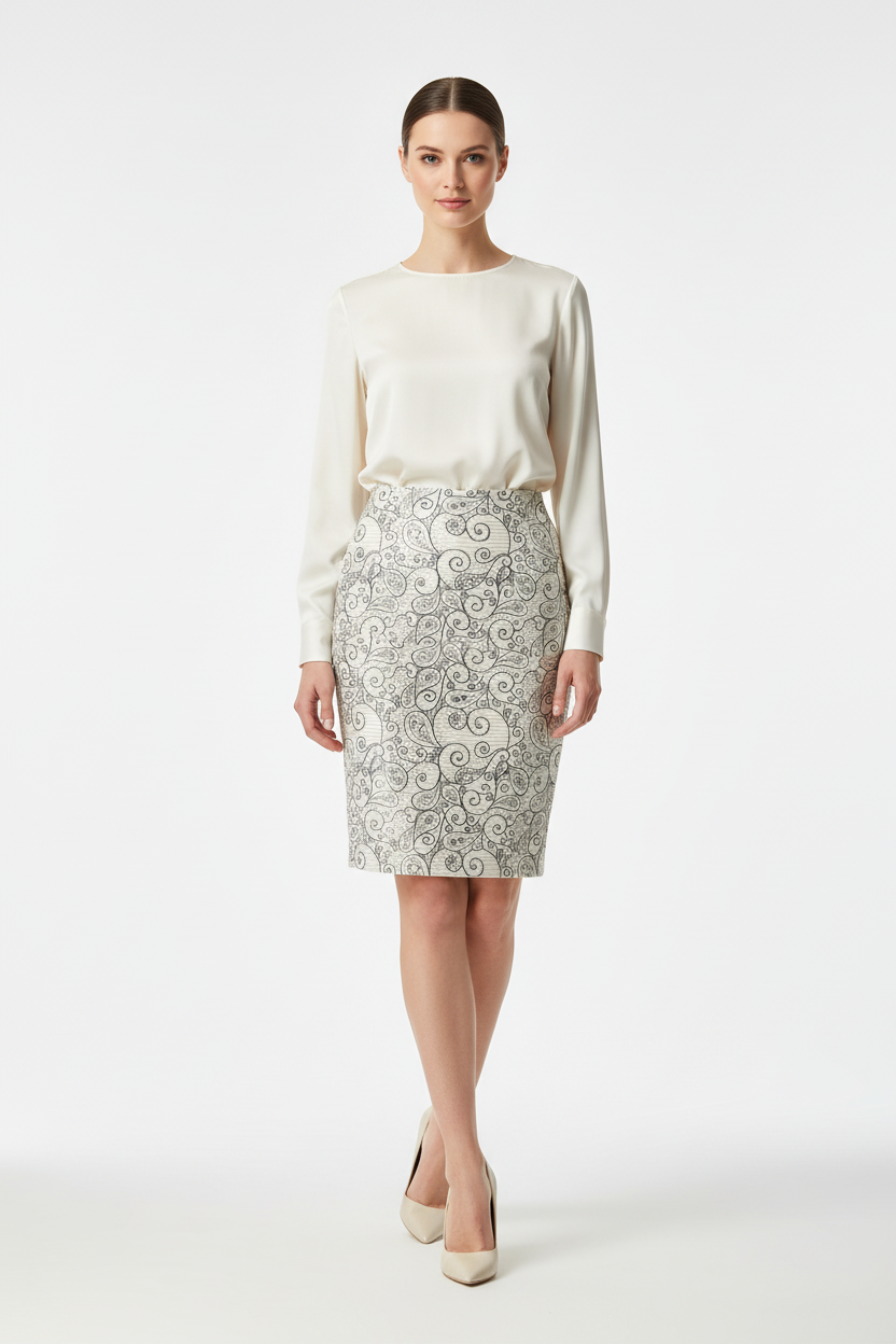 Cassie Pencil Skirt - White Iridescent Paisley
