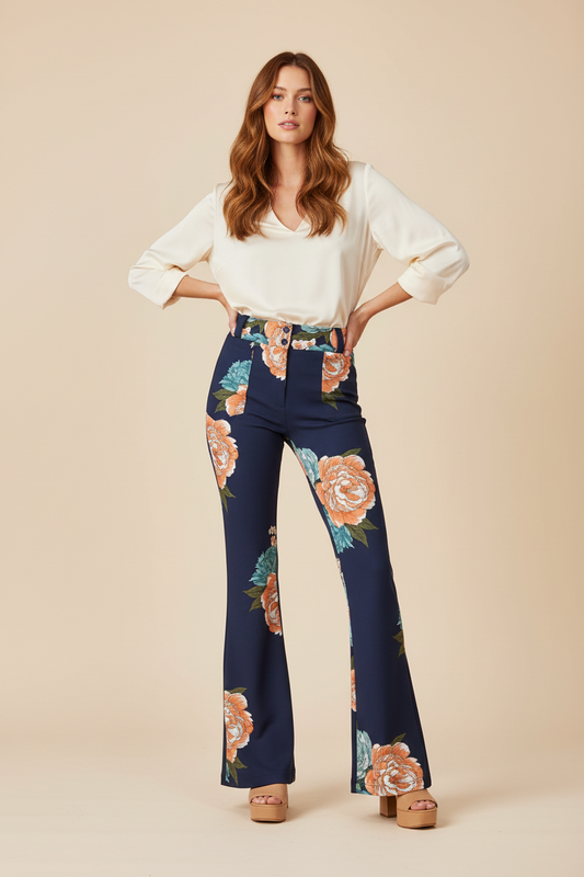 Emery Wide Leg Pants - Blue Orange Large Floral