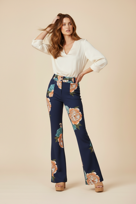 Emery Wide Leg Pants - Blue Orange Large Floral