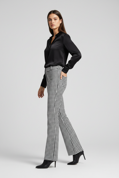 Emery Wide Leg Pants - Black and White Houndstooth