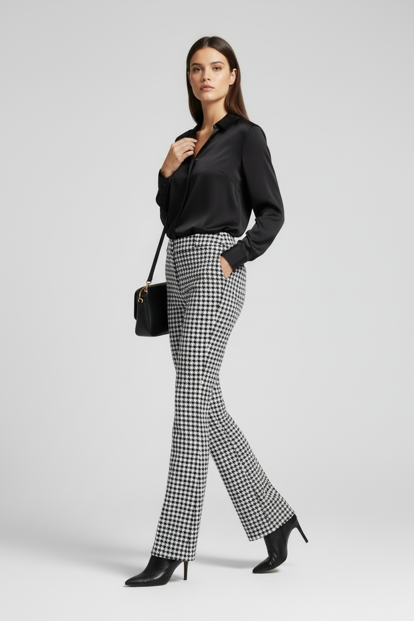 Emery Wide Leg Pants - Black and White Houndstooth