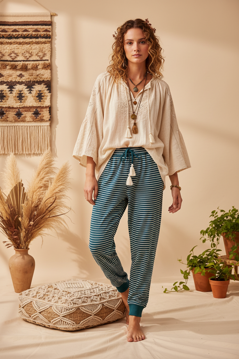 Jax Joggers - Teal White Horizonal Stripes