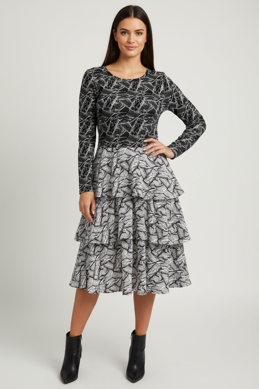 Georgia Tiered Midi Dress - Black White Abstract