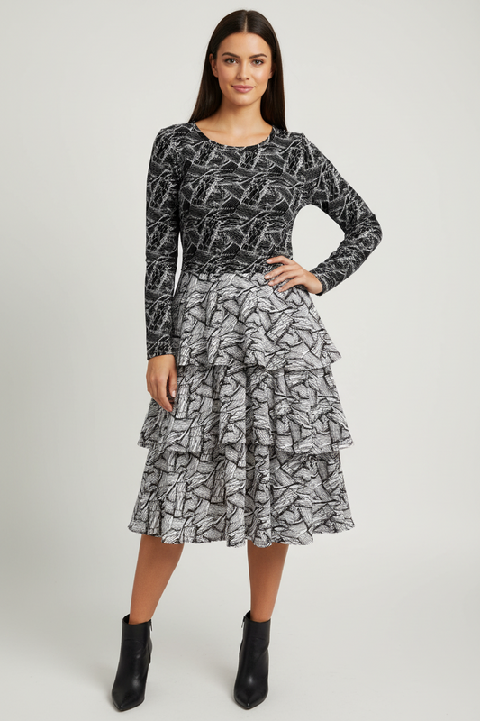 Georgia Tiered Midi Dress - Black White Abstract