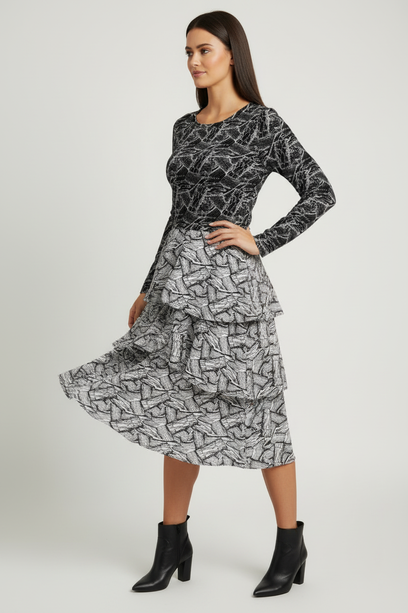 Georgia Tiered Midi Dress - Black White Abstract
