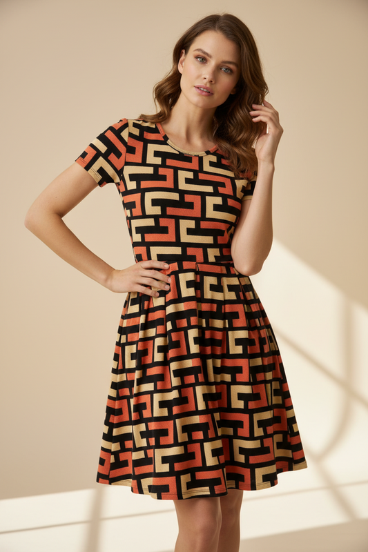 Amelia Fitted Dress - Orange Yellow Geo