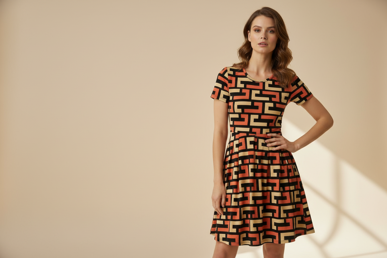 Amelia Fitted Dress - Orange Yellow Geo