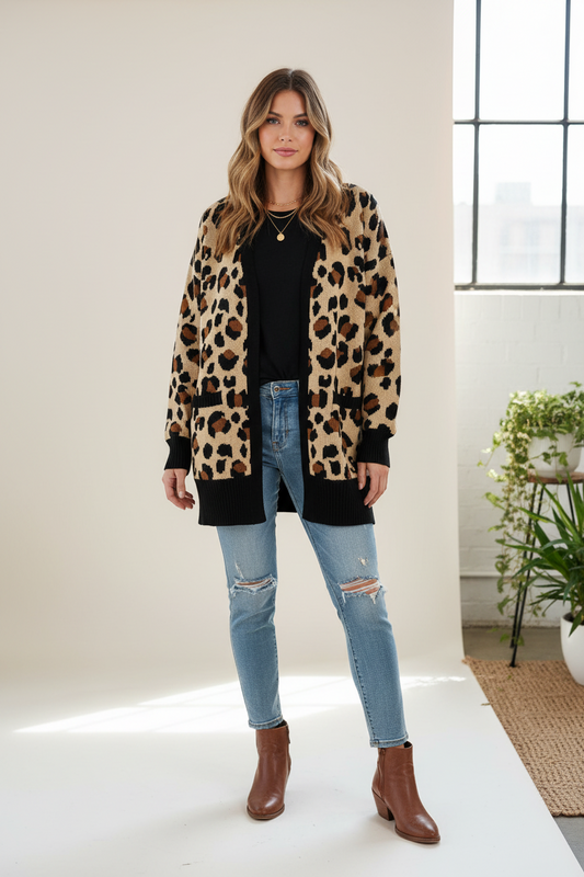Peyton Cardigan - Tan Brown Black Cheetah Print