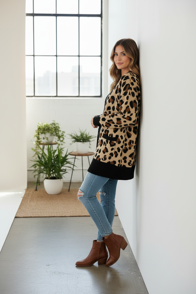 Peyton Cardigan - Tan Brown Black Cheetah Print