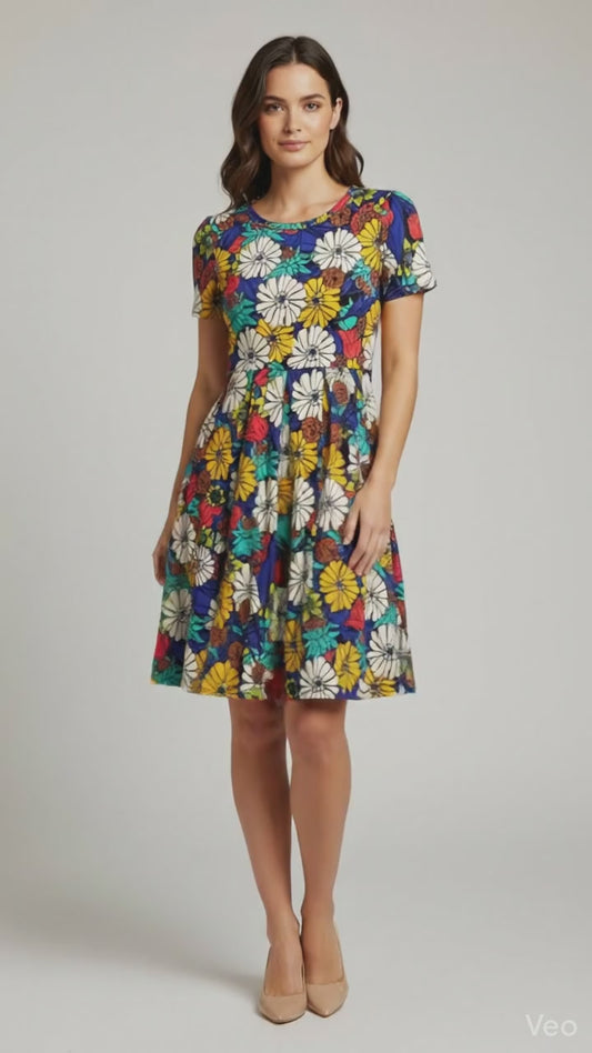 Amelia Fitted Dress - Blue Multi Flower