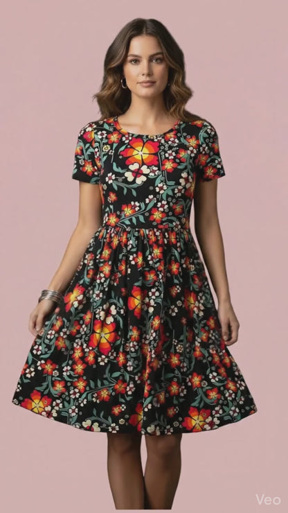 Amelia Fitted Dress - Black and Orange Floral